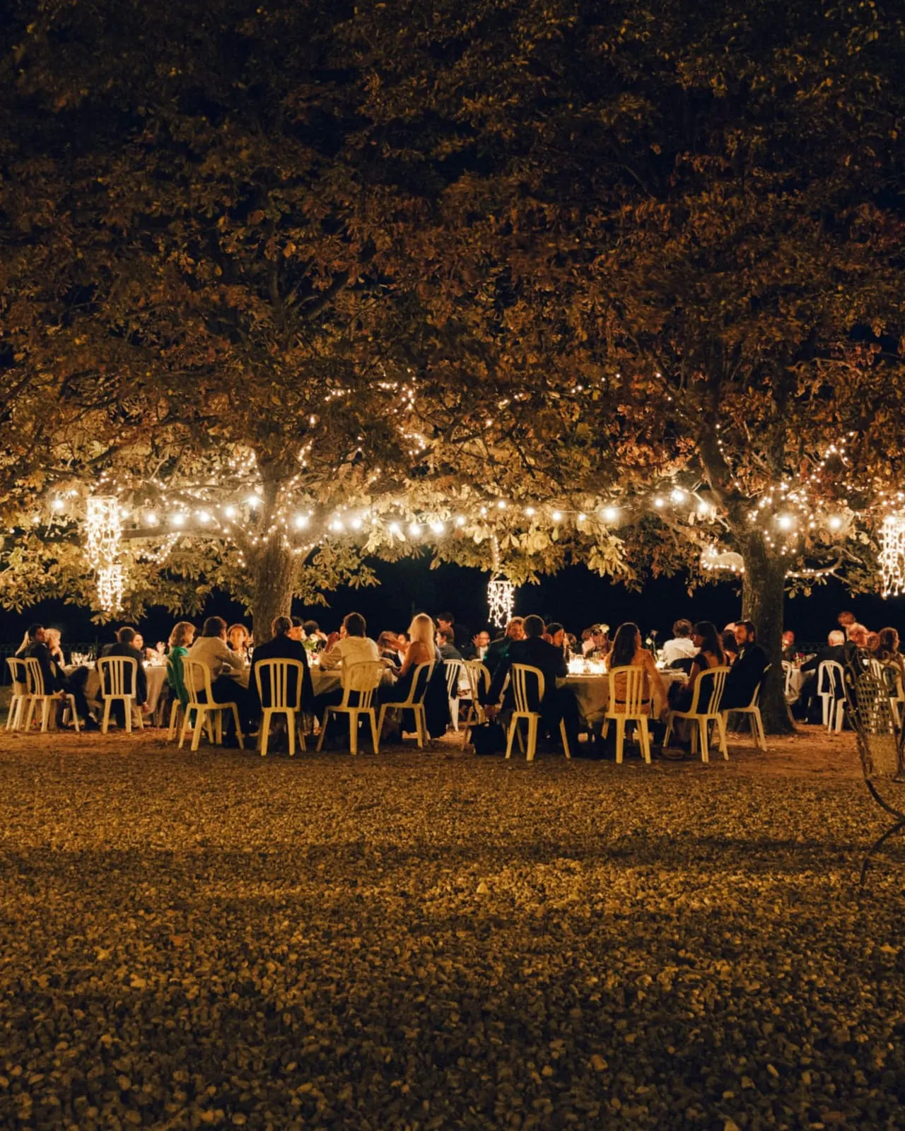 Celebración en un jardín con guirnaldas de luces cálidas