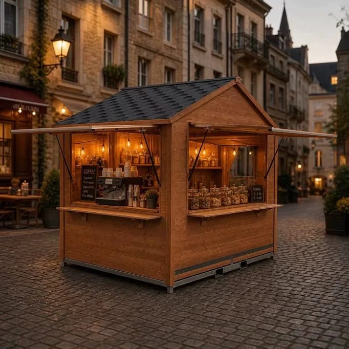 Caseta de madera abierta en una plaza, con mostrador de café y contraventanas como visera