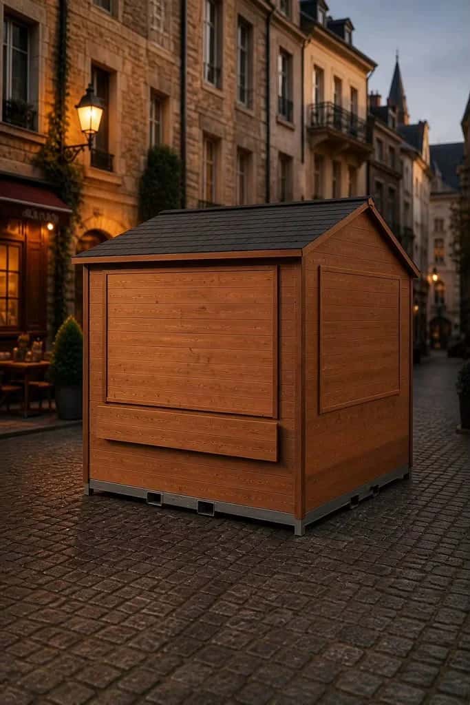 Caseta de madera cerrada en una plaza