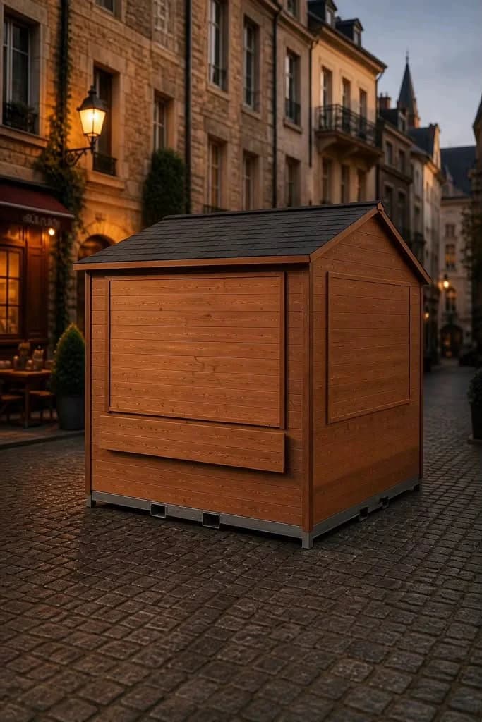 Caseta de madera Maderik cerrada en una plaza empedrada al atardecer