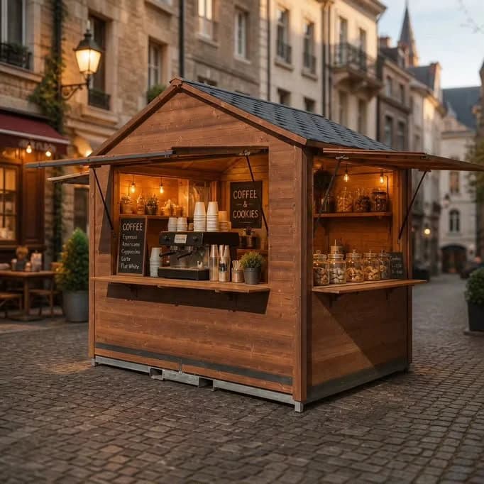 Caseta de madera Maderik con el mostrador y las ventanas abiertas en una plaza